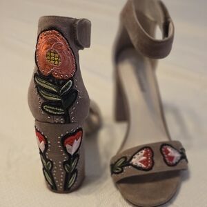 Embroidered Taupe Block Heel Sandals - Women